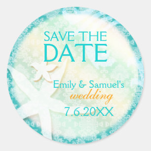 Cute Starfish Teal Beach Wedding Save the Date Classic Round Sticker