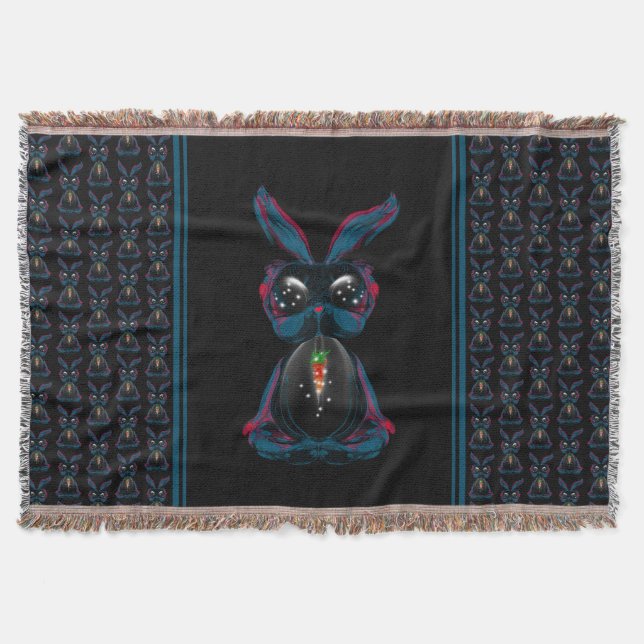 Cute Starlight Eyes Rabbit in Yoga Pose Meditation Throw Blanket (Front)