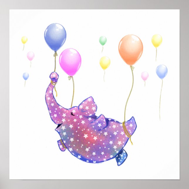 Cute Starry Elephant Flying with Colourful Balloon Poster (Front)
