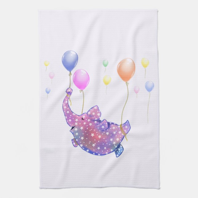 Cute Starry Elephant Flying with Colourful Balloon Tea Towel (Vertical)