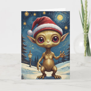 Cute Starry Night Alien Retro Christmas Card