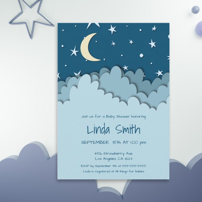 Cute Starry Night Blue Clouds Baby Shower Invitation (Creator Uploaded)