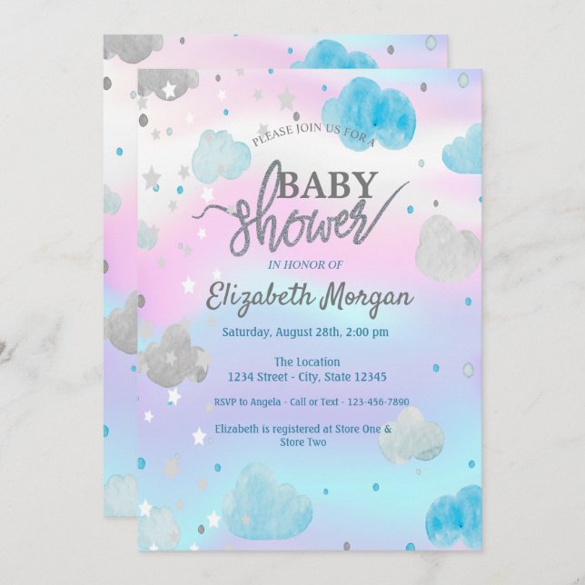 Cute Stars & Clouds Holographic  Baby Shower Invitation (Front/Back)