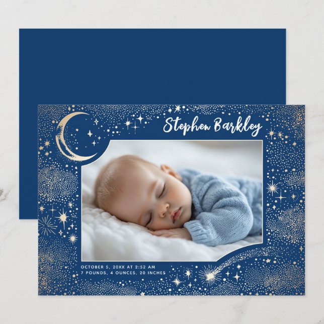 Cute Stars Moon Celestial Newborn Boy Photo Birth Announcement (Front/Back)
