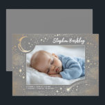 Cute Stars Moon Celestial Newborn Boy Photo Birth Announcement<br><div class="desc">Welcoming your newborn is a once-in-a-lifetime moment, where joy, love, and wonder come together in perfect harmony. Why not make it truly magical? This enchanting light grey birth announcement beautifully captures the joy of your baby boy’s arrival. From his very first breath, he deserves to be celebrated with all the...</div>