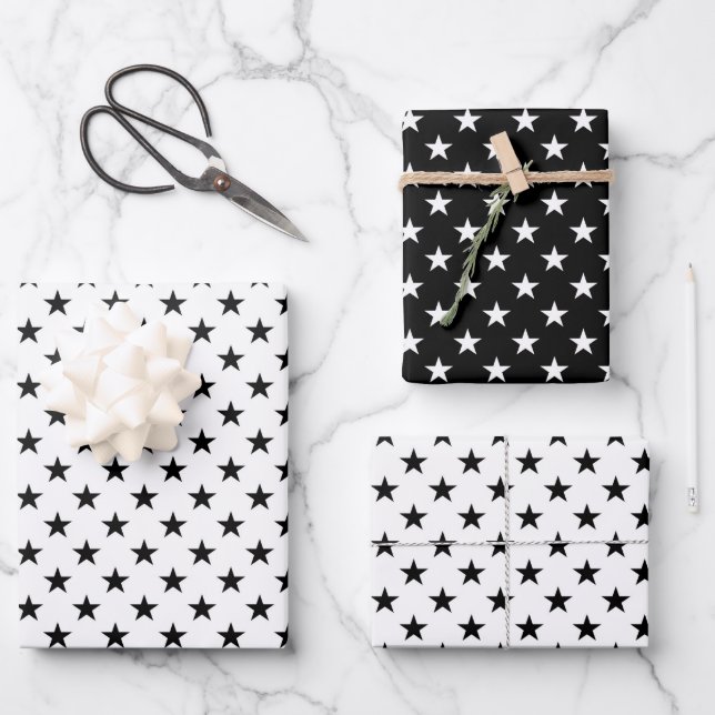 Cute Stars Pattern Black And White Wrapping Paper Sheet (Front)