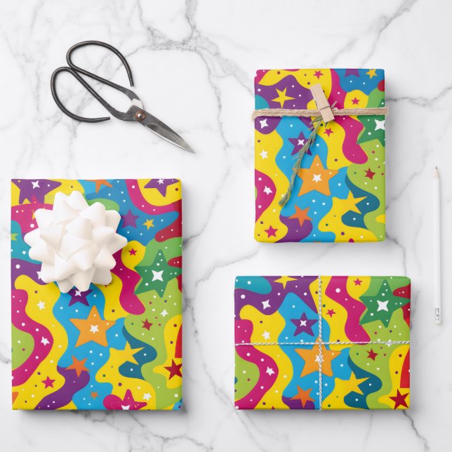 Cute stars rainbows kids party tiled pattern  wrapping paper sheet (Front)