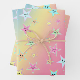 Cute stars with faces in pastel colours    wrapping paper sheet