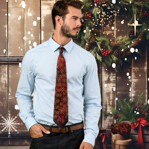 Cute Start Pattern Monogram Red Gold Christmas Tie