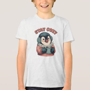 Cute Stay Cozy Penguin Drinking Hot Cocoa Hat Tri-Blend Shirt