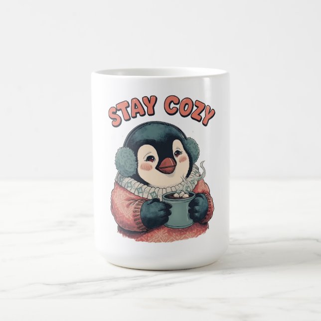 Cute Stay Cozy Penguin Drinking Hot Cocoa T-Shirt Coffee Mug (Center)