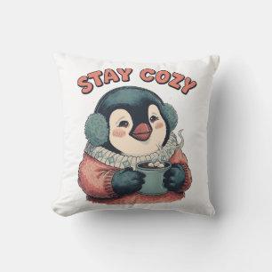 Cute Stay Cozy Penguin Drinking Hot Cocoa T-Shirt Cushion