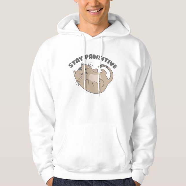 Cute Stay Pawsitive Cat Gray Motivational Hoodie (Front)