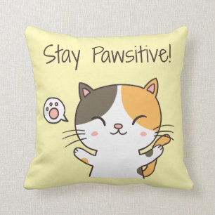 Cute Stay Pawsitive Kitty Cat Room Decor Cushion