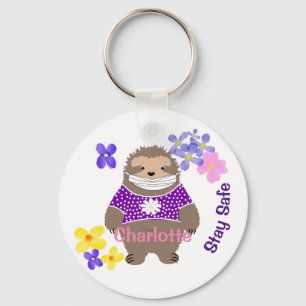 Cute Stay Safe Stay Sloth In Mask Fun Graphic Key Ring