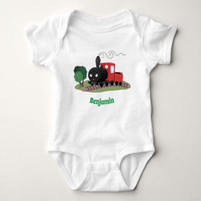 Cute steam train locomotive cartoon illustration baby bodysuit (Front)