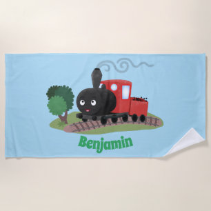 Cute steam train locomotive cartoon illustration beach towel