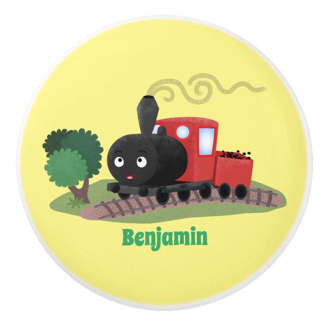 Cute steam train locomotive cartoon illustration ceramic knob (Front)