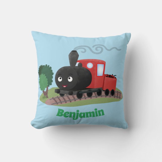 Cute steam train locomotive cartoon illustration cushion (Front)