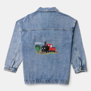 Cute steam train locomotive cartoon illustration denim jacket