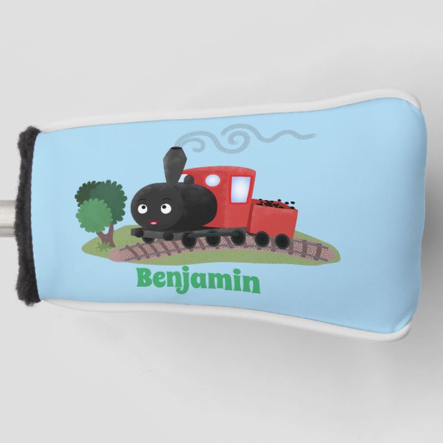 Cute steam train locomotive cartoon illustration golf head cover (Front)