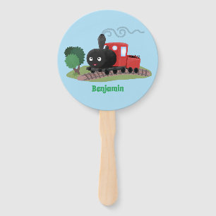 Cute steam train locomotive cartoon illustration hand fan