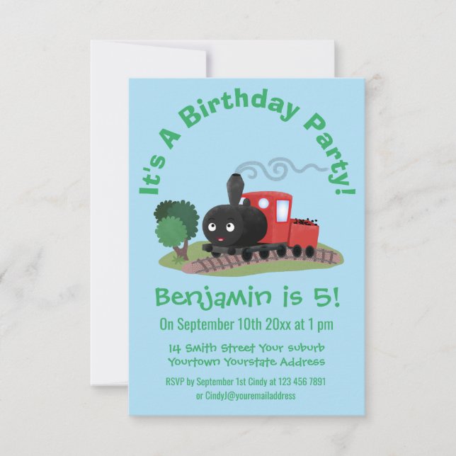 Cute steam train locomotive cartoon illustration invitation (Front)