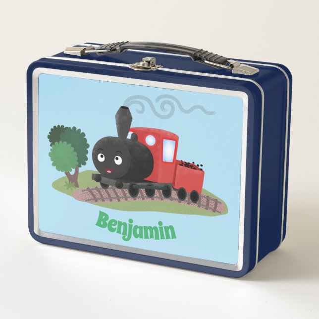 Cute steam train locomotive cartoon illustration metal lunch box (Front)