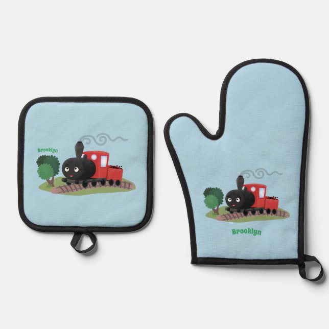 Cute steam train locomotive cartoon illustration oven mitt & pot holder set (Front)