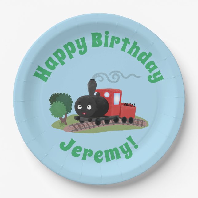Cute steam train locomotive cartoon illustration paper plate (Front)