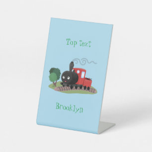 Cute steam train locomotive cartoon illustration pedestal sign