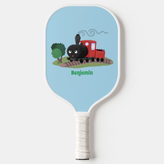 Cute steam train locomotive cartoon illustration pickleball paddle (Front)