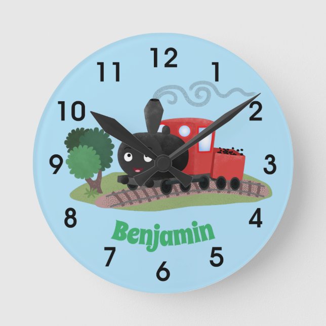 Cute steam train locomotive cartoon illustration round clock (Front)