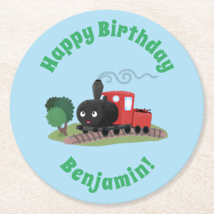 Cute steam train locomotive cartoon illustration round paper coaster