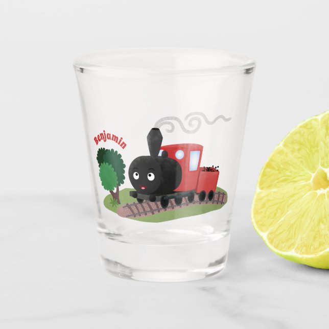 Cute steam train locomotive cartoon illustration shot glass (Front)