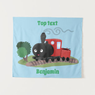 Cute steam train locomotive cartoon illustration  tapestry