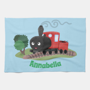 Cute steam train locomotive cartoon illustration tea towel