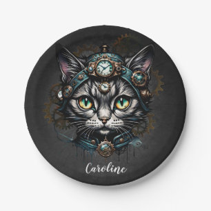 Cute steampunk cat with clocks and gears. paper plate