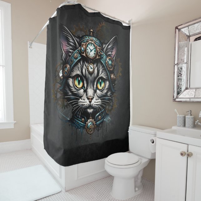 Cute steampunk cat with clocks and gears.  shower curtain (In Situ)