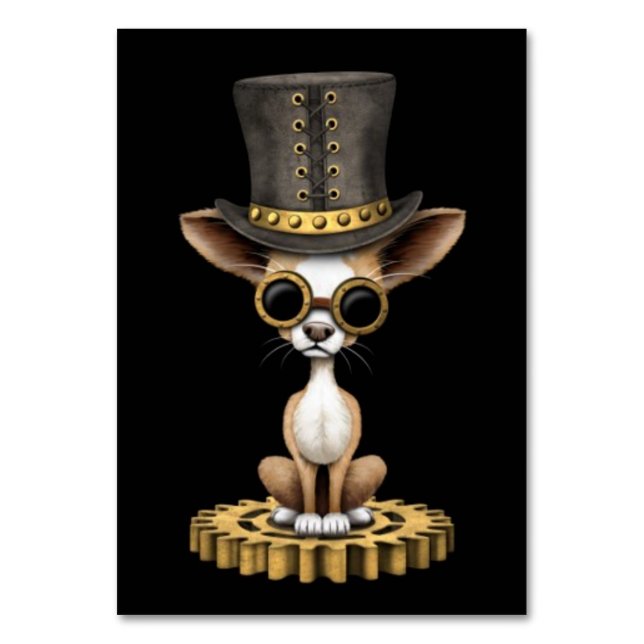 Cute Steampunk Chihuahua Puppy Dog, black Table Number (Front)