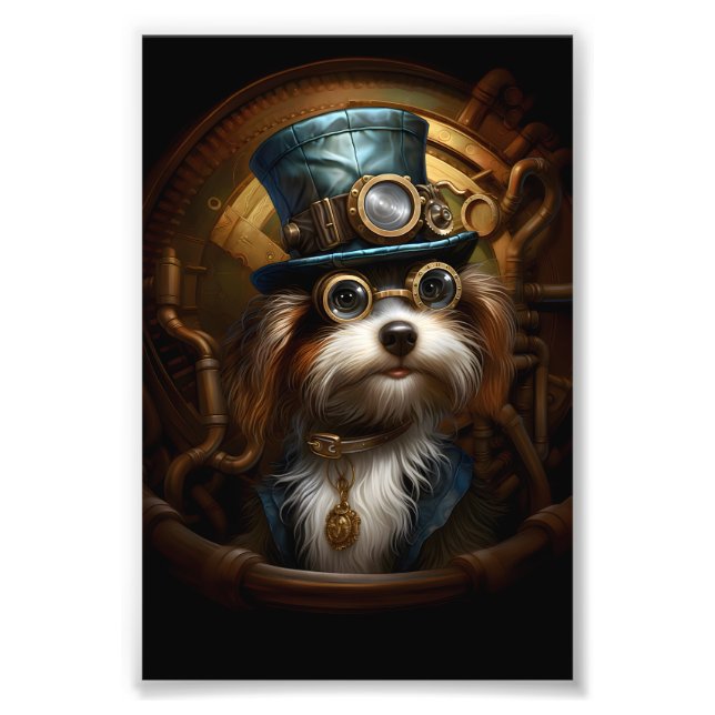 Cute Steampunk Dog In Hat & Goggles Faux Ink 033 Photo Print (Front)