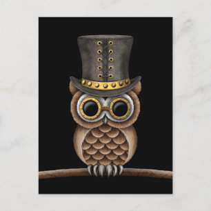 Cute Steampunk Owl on a Branch on Black Postcard
