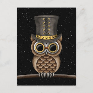 Cute Steampunk Owl on a Branch with Stars Postcard
