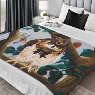 Cute Steampunk top Hat Owl Fleece Blanket