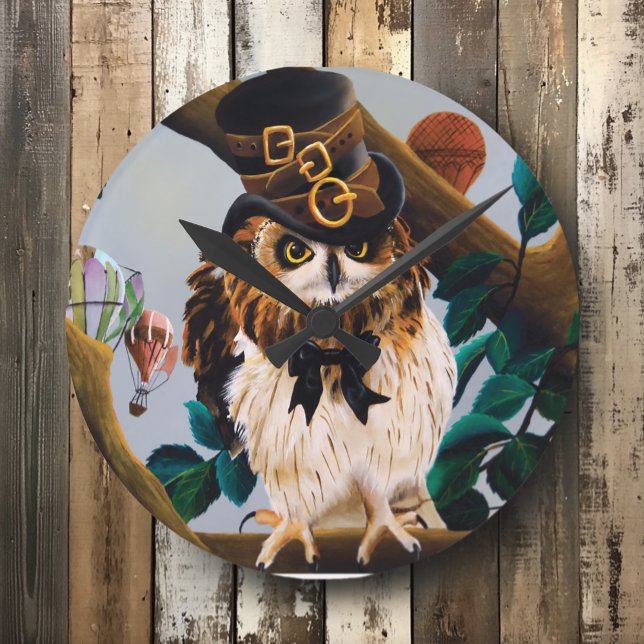 Cute Steampunk Top Hat Owl Round Clock (Creator Uploaded)