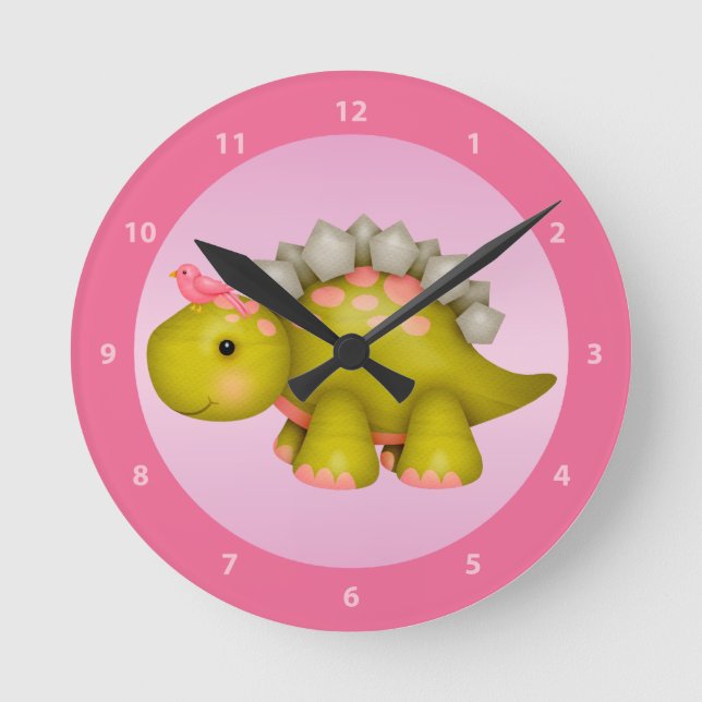 Cute Stegosaurus Dinosaur & Bird Pink Clock (Front)