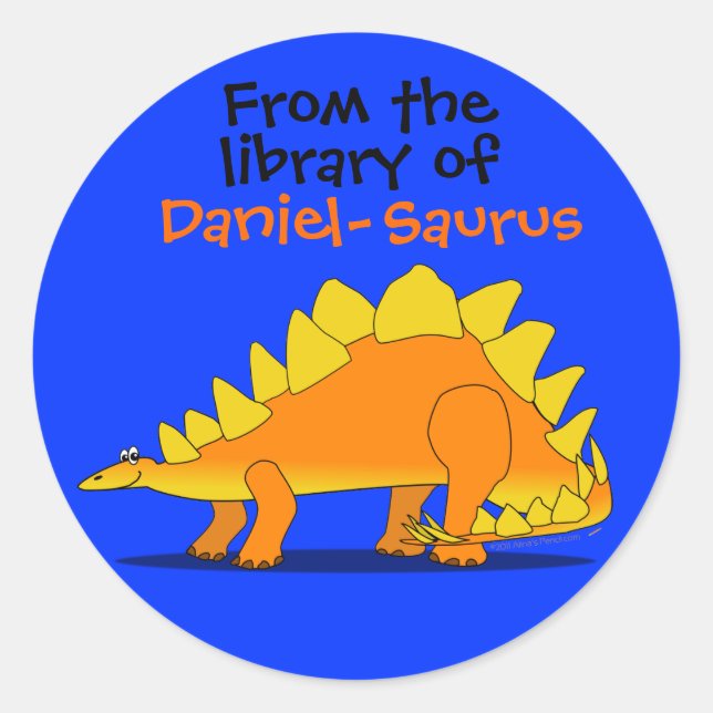 Cute Stegosaurus Dinosaur Custom Name Book Plate Classic Round Sticker (Front)