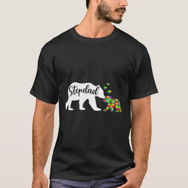 Cute Stepdad Bear Autism Awareness Family Support  T-Shirt (Front)
