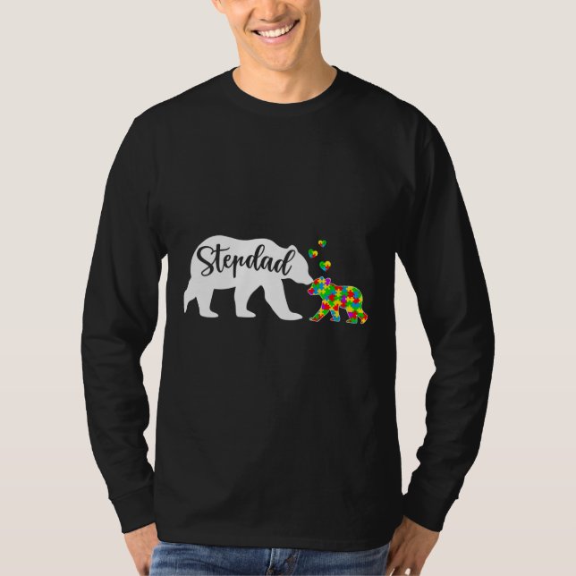 Cute Stepdad Bear Autism Awareness Family Support  T-Shirt (Front)