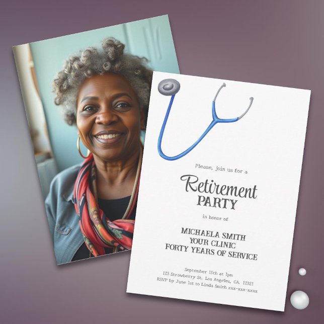 Cute Stethoscope Doctor Nurse Retirement Photo Invitation (Creator Uploaded)